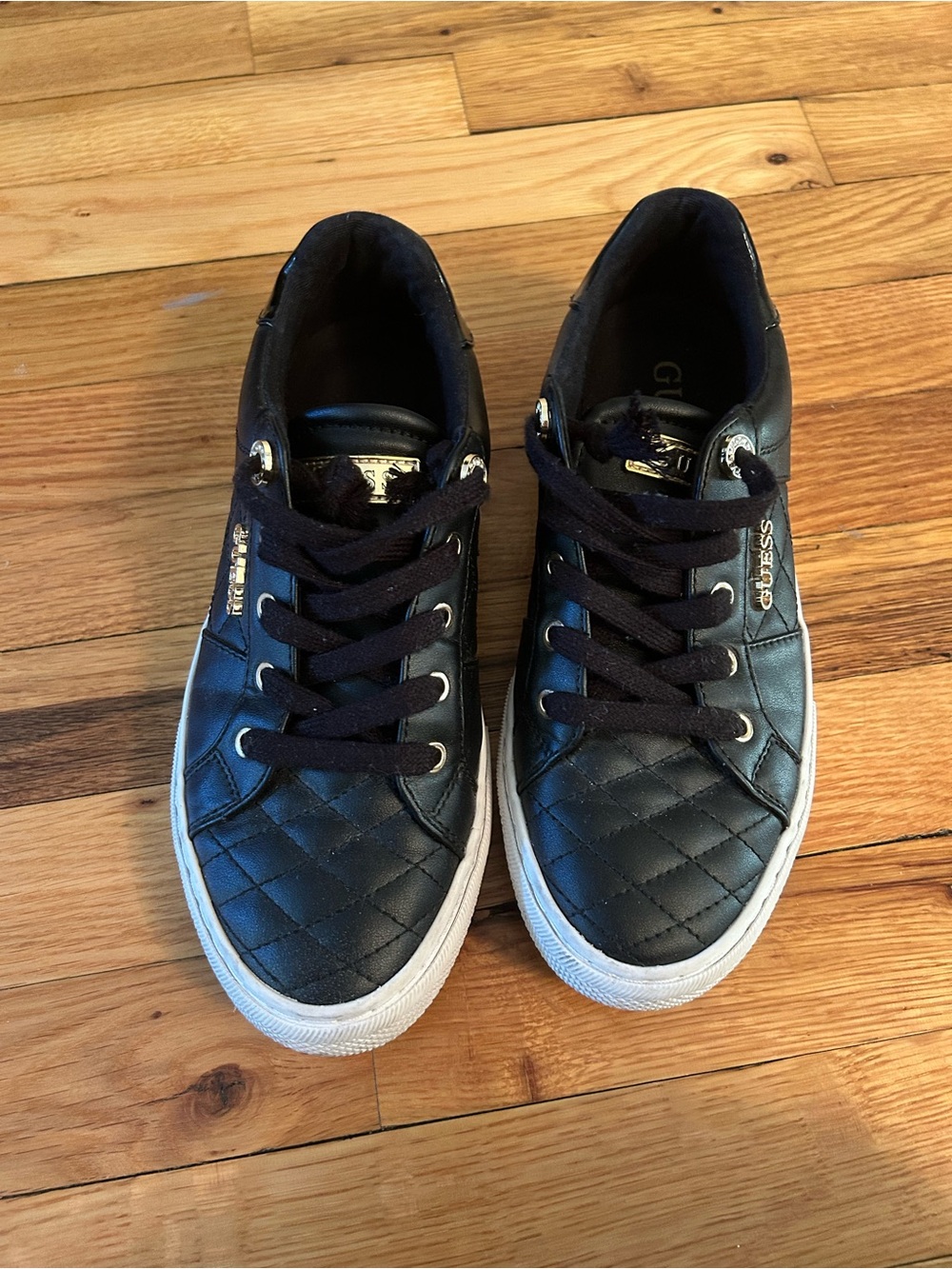 Guess Black Quilted Leather Low-Top Sneakers with Gold Accents